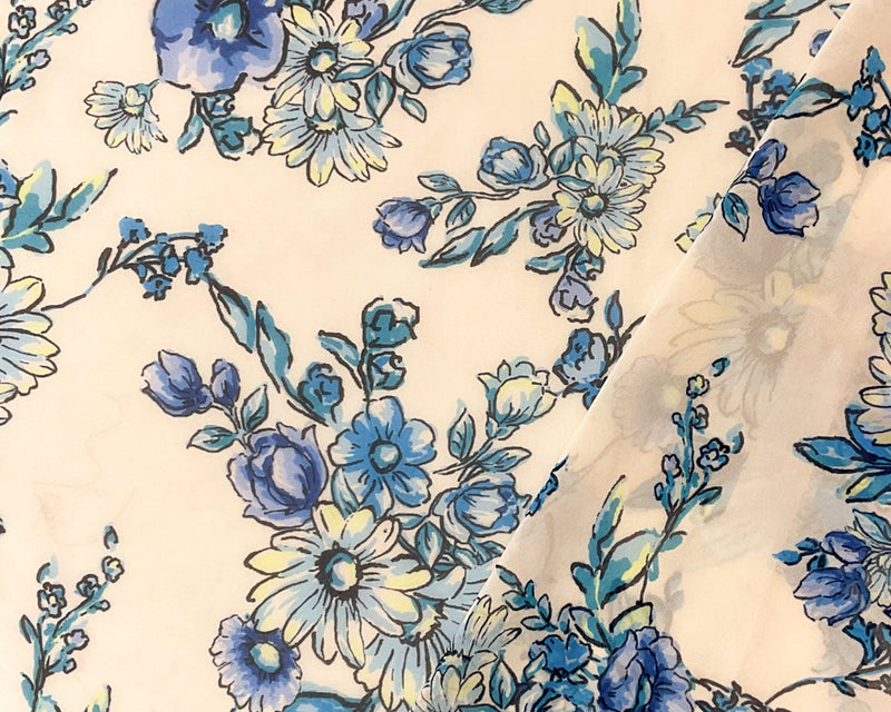 Ivory-Blue-Multi Poly Floral Printed Chiffon Woven Fabric