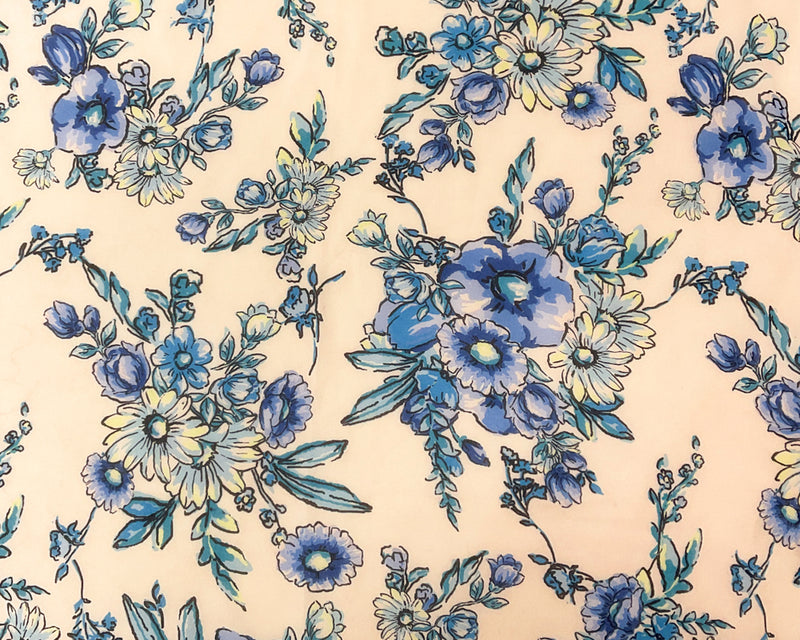 Ivory-Blue-Multi Poly Floral Printed Chiffon Woven Fabric