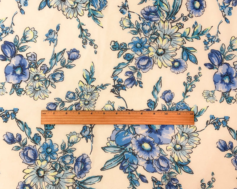 Ivory-Blue-Multi Poly Floral Printed Chiffon Woven Fabric