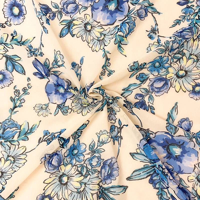 Ivory-Blue-Multi Poly Floral Printed Chiffon Woven Fabric