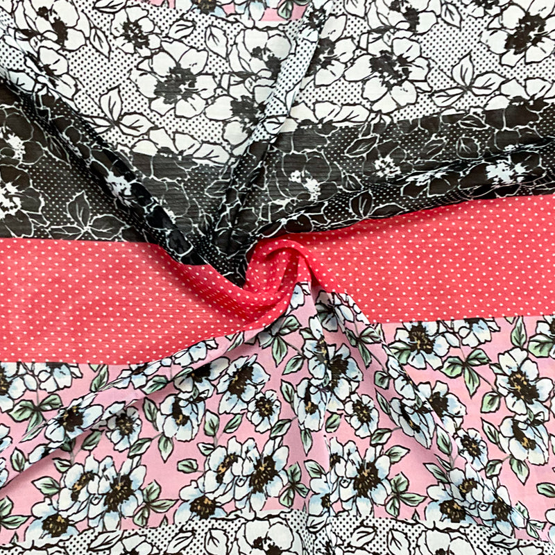 Red-Black-Multi Poly Stripe Floral Printed Chiffon Woven Fabric