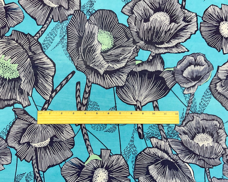Blue-Green-White Poly Floral Printed Chiffon Woven Fabric