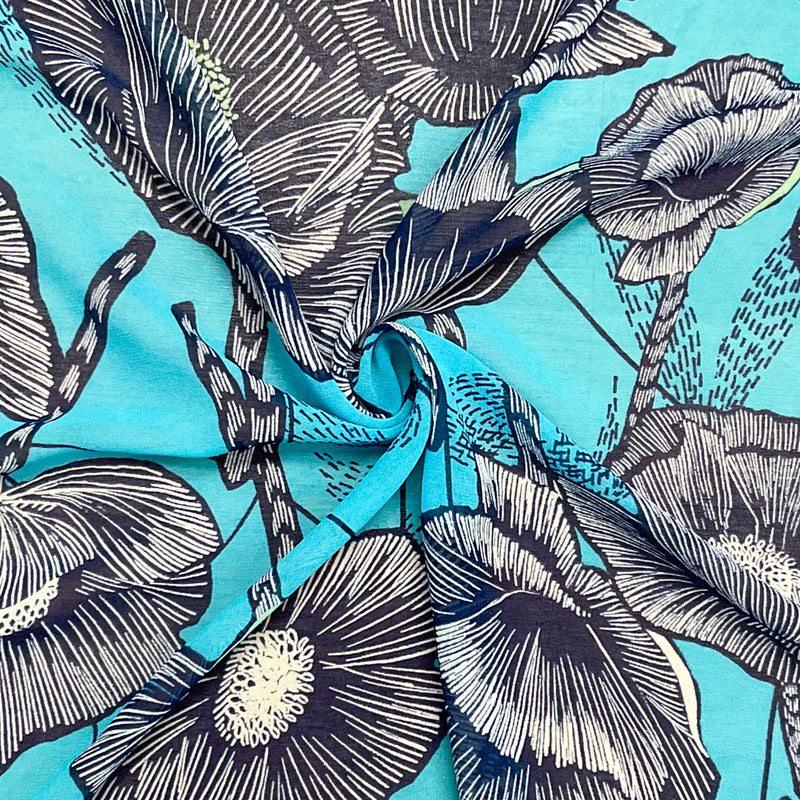 Blue-Green-White Poly Floral Printed Chiffon Woven Fabric