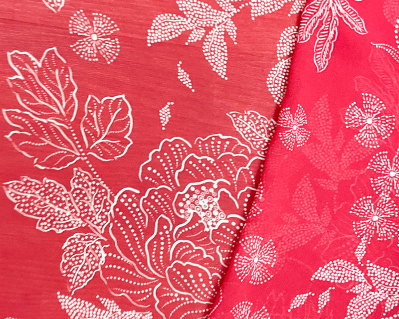 1 3/4 YD PC-Red-White Poly Floral Printed Chiffon Woven Fabric