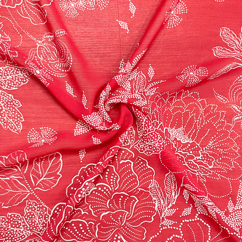 1 3/4 YD PC-Red-White Poly Floral Printed Chiffon Woven Fabric