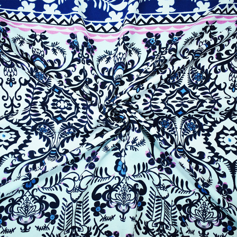 Blue-Multi Poly Abstract Floral Printed Moss Crepe Woven Fabric