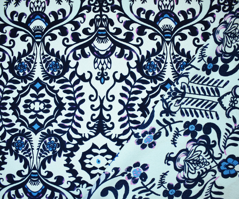 Blue-Multi Poly Abstract Floral Printed Moss Crepe Woven Fabric