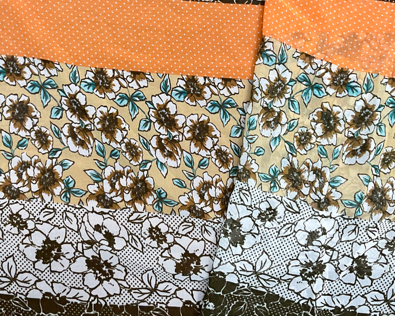 Beige-Orange-Multi Poly Stripe Floral Printed Chiffon Woven Fabric