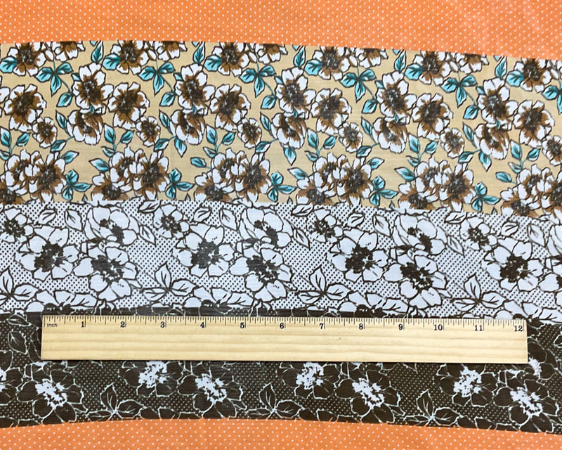 Beige-Orange-Multi Poly Stripe Floral Printed Chiffon Woven Fabric