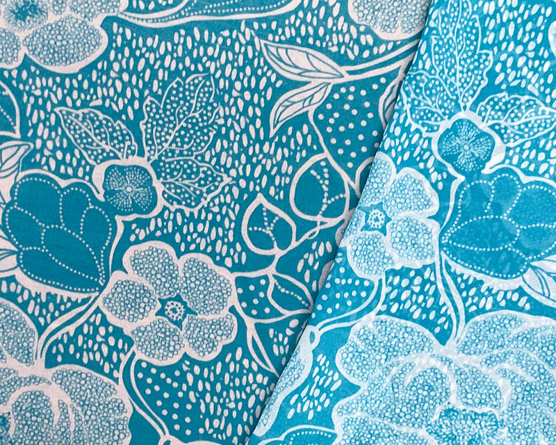 Turquoise-White Poly Floral Printed Chiffon Woven Fabric