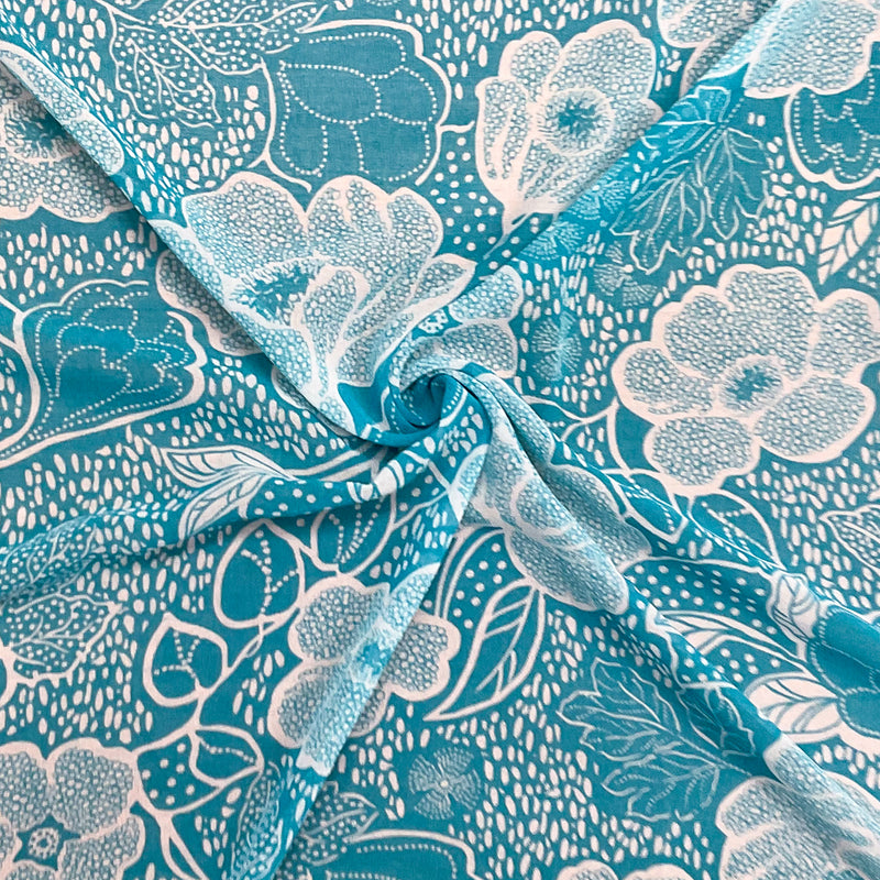 Turquoise-White Poly Floral Printed Chiffon Woven Fabric