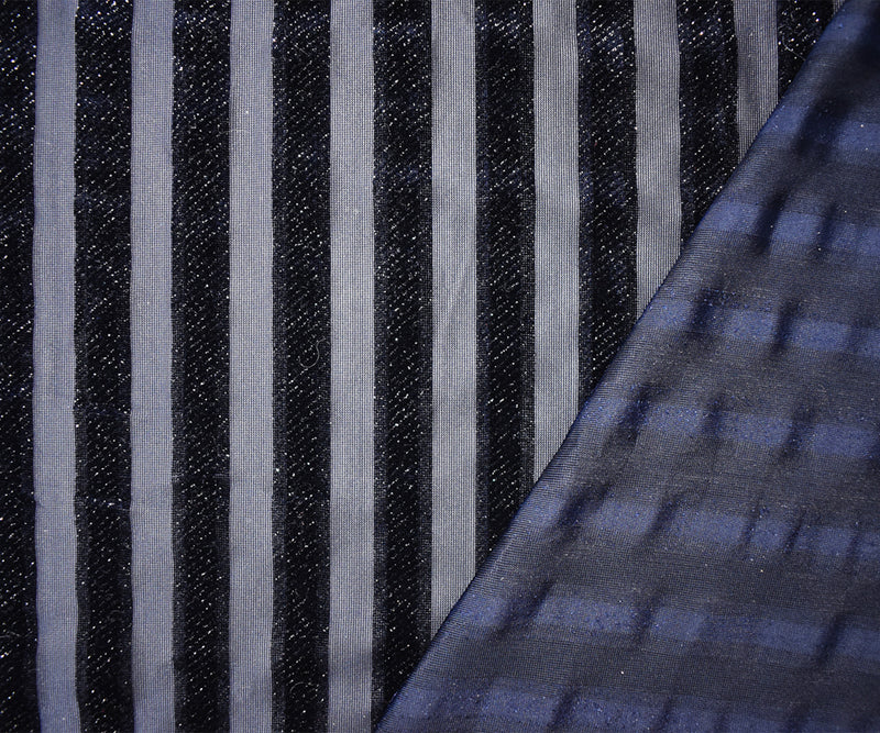 Blue-Sliver Poly Burnout Stripe Stretch Velvet Mesh Knit Fabric