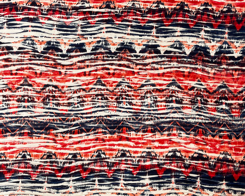 Red-Multi Poly Abstract Chevron Printed Knife Pleat Knit Fabric