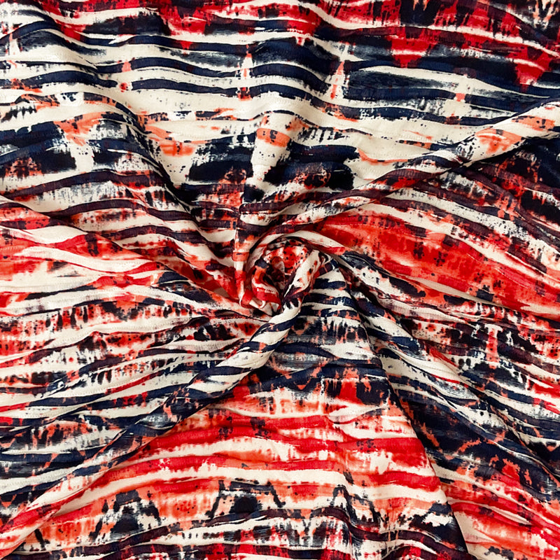 Red-Multi Poly Abstract Chevron Printed Knife Pleat Knit Fabric