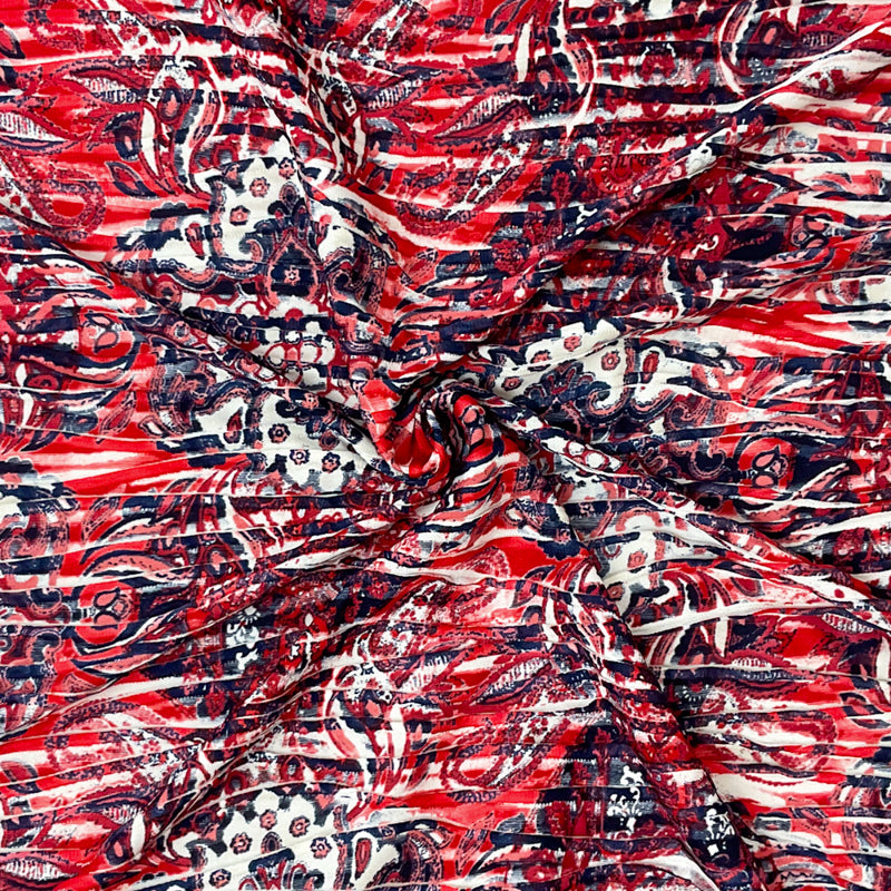 Red-Multi Poly Paisley Baroque Printed Knife Pleat Knit Fabric