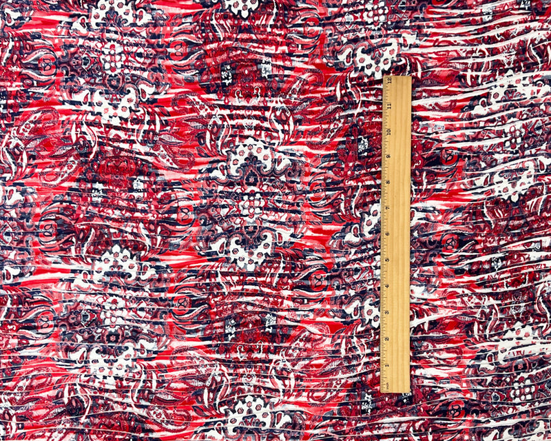 Red-Multi Poly Paisley Baroque Printed Knife Pleat Knit Fabric