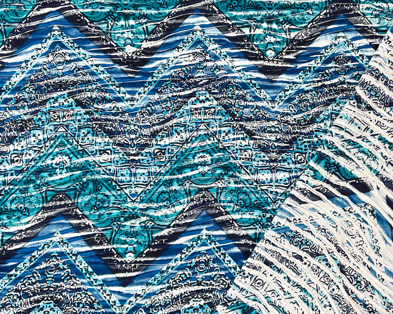 Blue-Turquoise Poly Chevron Baroque Print Knife Pleat Knit Fabric