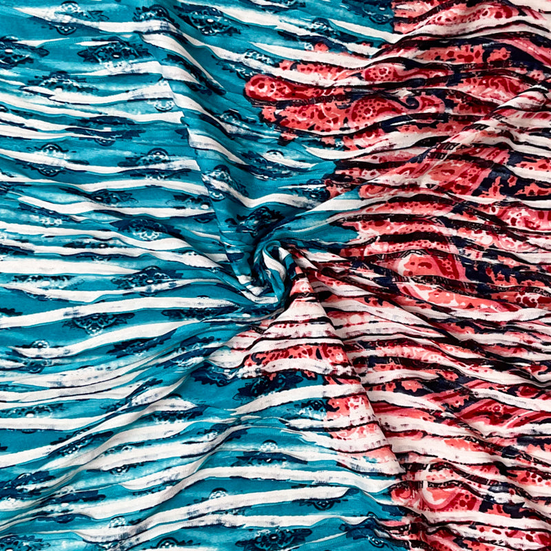 Turquoise-Multi Poly Baroque Border Printed Knife Pleat Knit Fabric