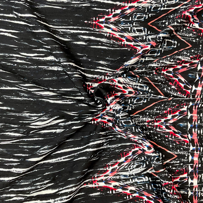 Black-Blue-Multi Poly Chevron Border Printed Knife Pleat Knit Fabric