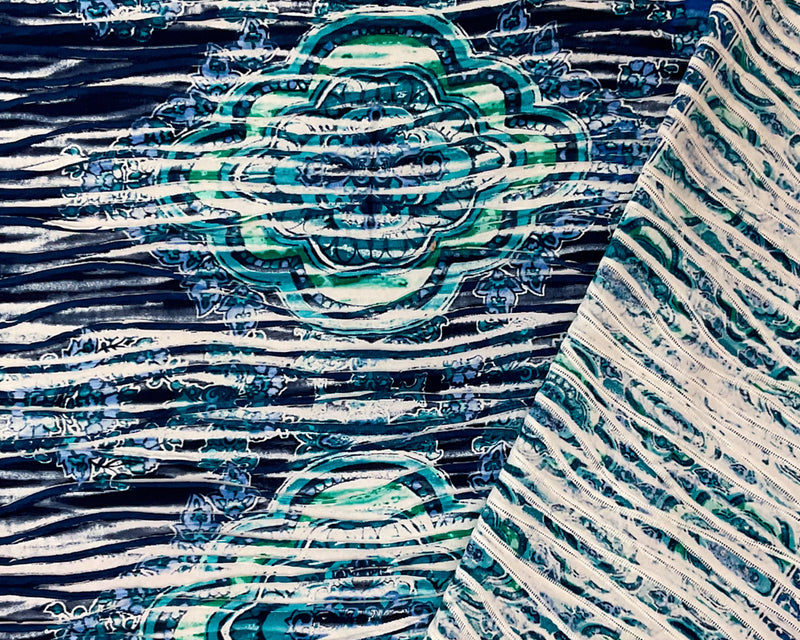Blue-Multi Poly Medallion Border Printed Knife Pleat Knit Fabric