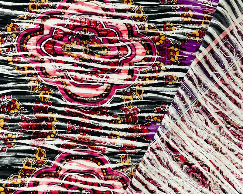 Red-Black-Multi Poly Medallion Border Printed Knife Pleat Knit Fabric