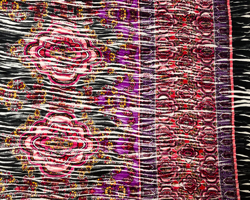 Red-Black-Multi Poly Medallion Border Printed Knife Pleat Knit Fabric