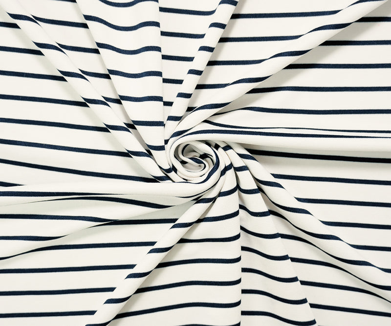 Navy-Light Ivory Poly Spandex Stretch Stripe Interlock Knit Fabric