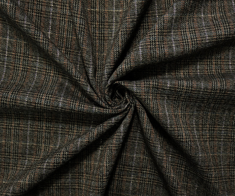 Brown-Silver-Multi Poly Blend Stretch Metallic Plaid Twill Woven Fabric