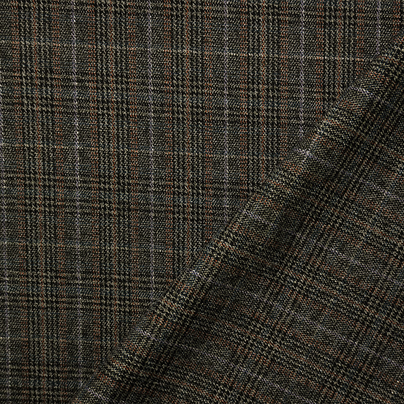 Brown-Silver-Multi Poly Blend Stretch Metallic Plaid Twill Woven Fabric