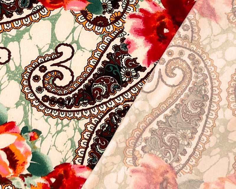 1/2 YD PC-Beige-Multi Poly Spandex Stretch Paisley Floral Print DB Jersey Knit Fabric
