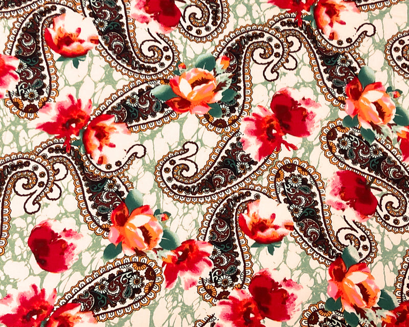 1/2 YD PC-Beige-Multi Poly Spandex Stretch Paisley Floral Print DB Jersey Knit Fabric