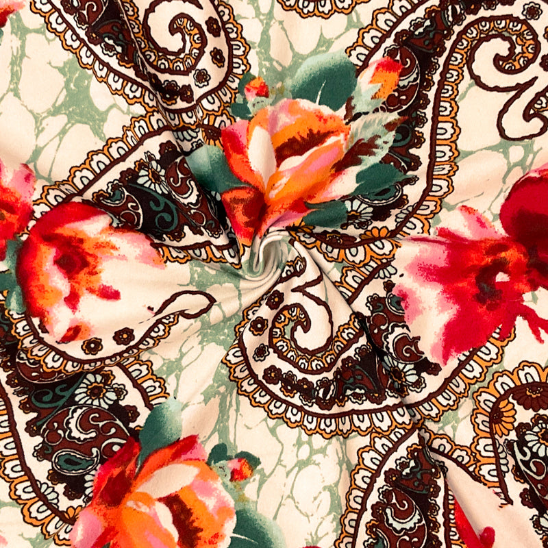 1/2 YD PC-Beige-Multi Poly Spandex Stretch Paisley Floral Print DB Jersey Knit Fabric
