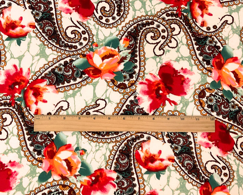 1/2 YD PC-Beige-Multi Poly Spandex Stretch Paisley Floral Print DB Jersey Knit Fabric