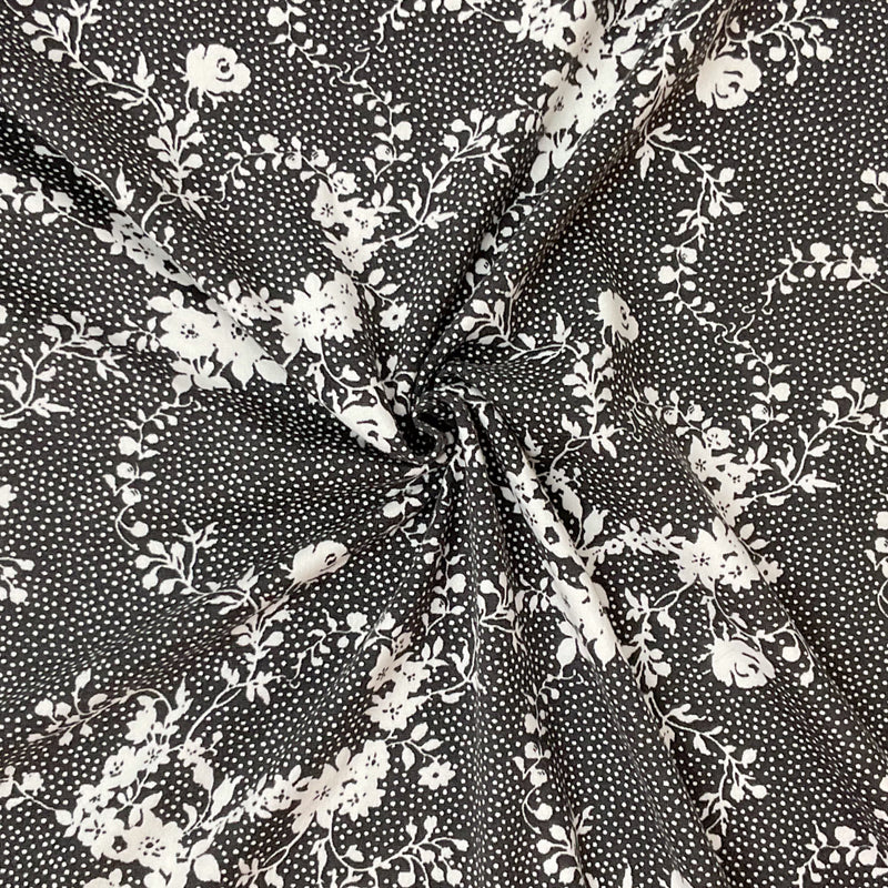 1 1/2 YD PC-Black-White Poly Spandex Stretch Floral Print DB Jersey Knit Fabric