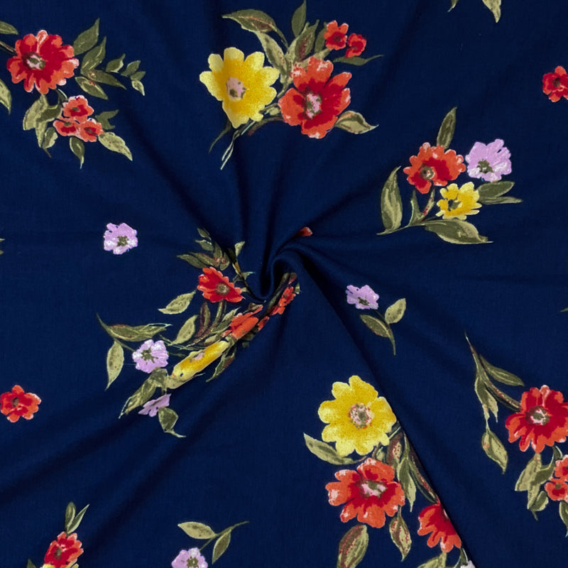 2 YD PC-Blue-Multi Poly Spandex Stretch Floral Print DB Jersey Knit Fabric
