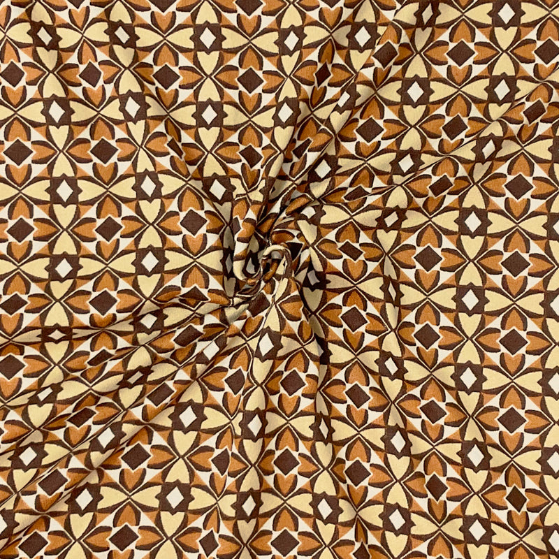 Brown-Beige Poly Spandex Stretch Flower Diamond Print DB Jersey Knit Fabric