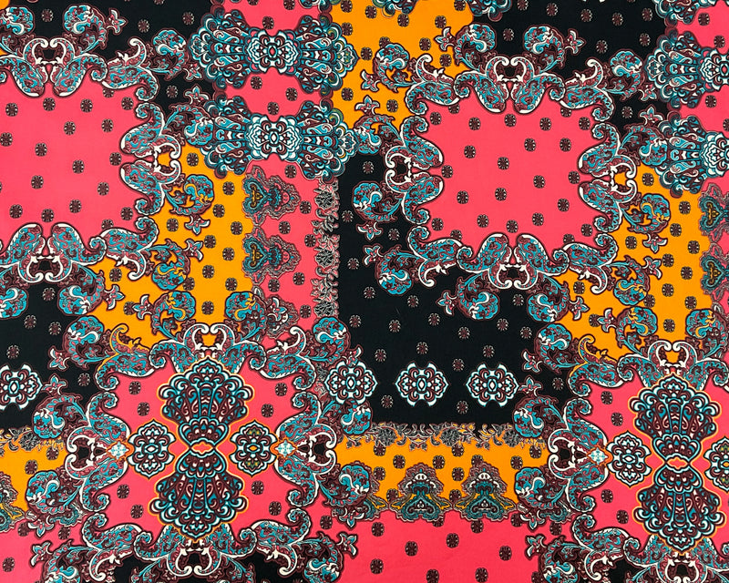 2 1/4 YD PC-Red-Multi Poly Spandex Stretch Paisley Print DB Jersey Knit Fabric