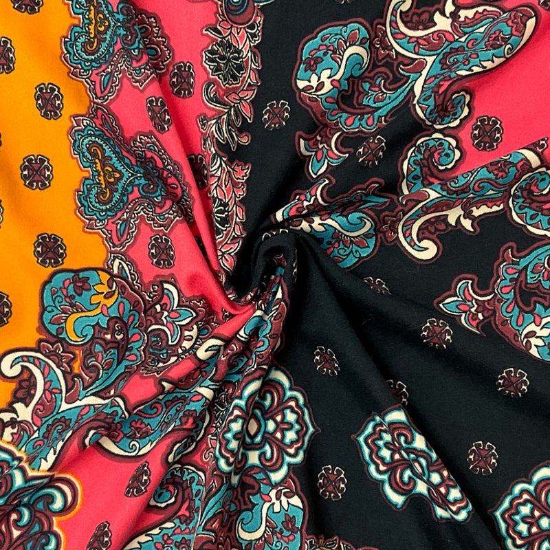 2 1/4 YD PC-Red-Multi Poly Spandex Stretch Paisley Print DB Jersey Knit Fabric