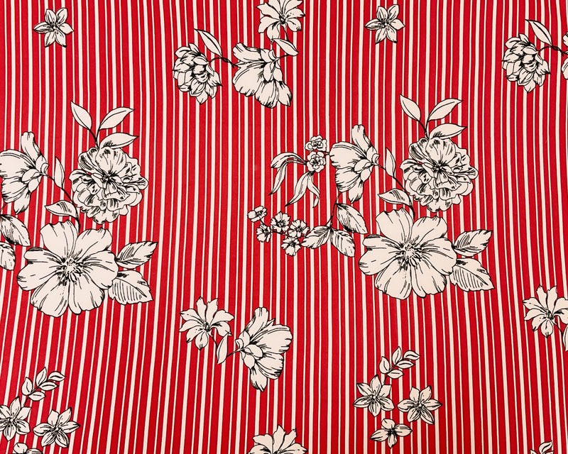Red-Multi Poly Spandex Stretch Floral Stripe Print DB Jersey Knit Fabric