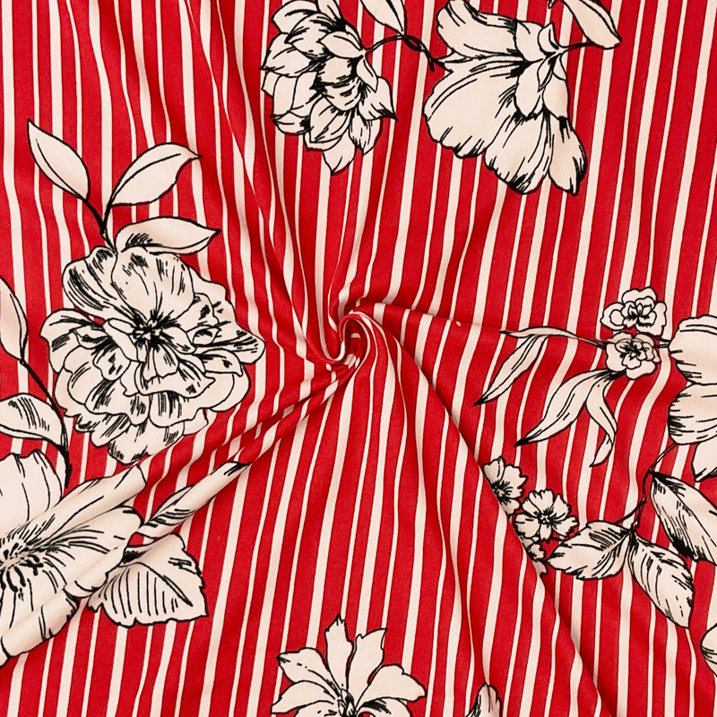 Red-Multi Poly Spandex Stretch Floral Stripe Print DB Jersey Knit Fabric