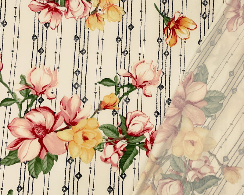 1 1/2 YD PC-Ivory-Multi Poly Spandex Stretch Floral Print Double Brush Jersey Knit Fabric