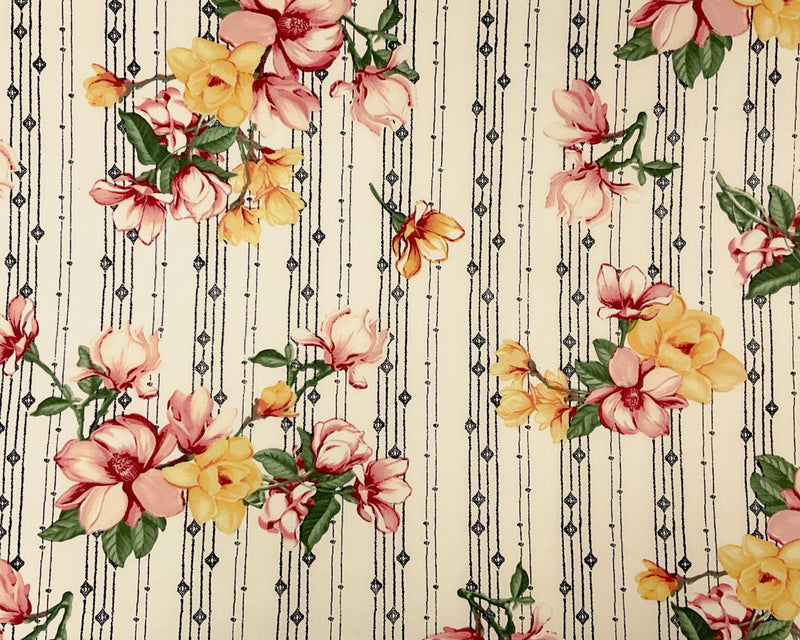 1 1/2 YD PC-Ivory-Multi Poly Spandex Stretch Floral Print Double Brush Jersey Knit Fabric