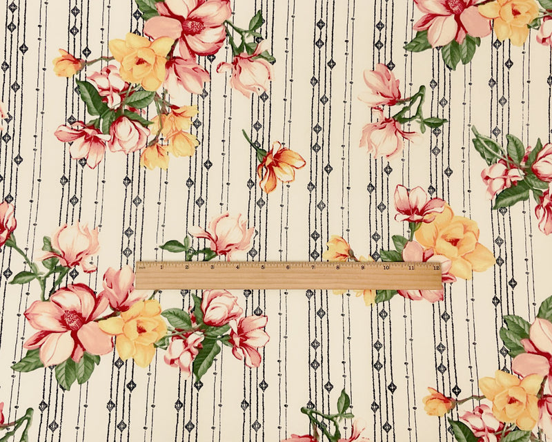 1 1/2 YD PC-Ivory-Multi Poly Spandex Stretch Floral Print Double Brush Jersey Knit Fabric