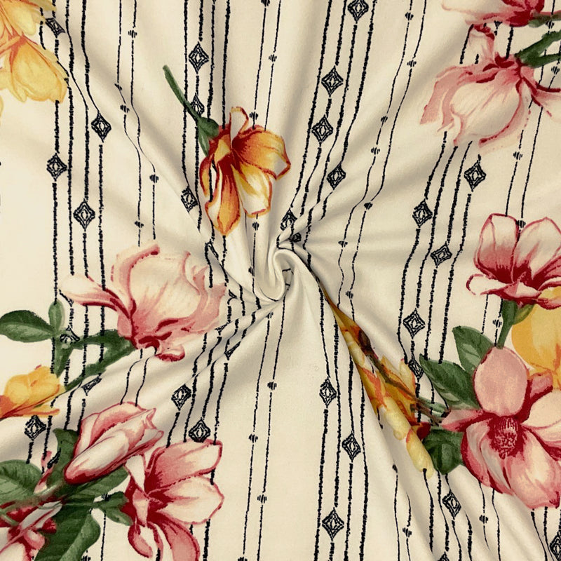 1 1/2 YD PC-Ivory-Multi Poly Spandex Stretch Floral Print Double Brush Jersey Knit Fabric