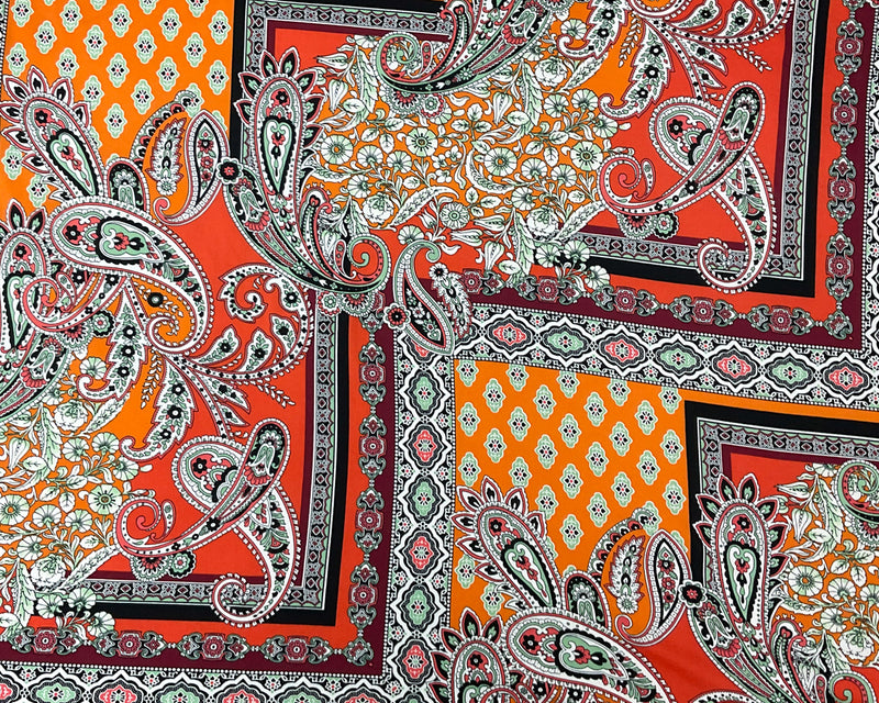 4 YD PC-Orange-Multi Poly Spandex Stretch Paisley Print Double Brush Jersey Knit Fabric