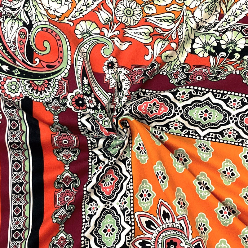 4 YD PC-Orange-Multi Poly Spandex Stretch Paisley Print Double Brush Jersey Knit Fabric