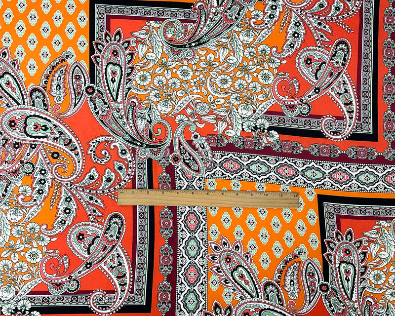 Orange-Multi Poly Spandex Stretch Paisley Print Double Brush Jersey Knit Fabric