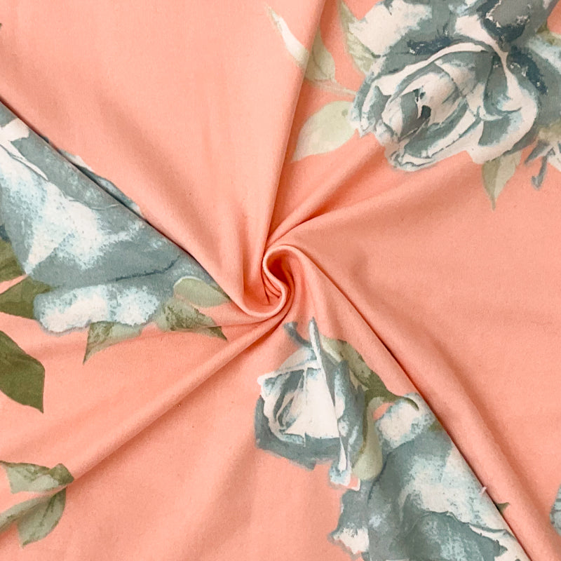 Coral Orange Poly Stretch Floral Print DB Jersey Knit Fabric