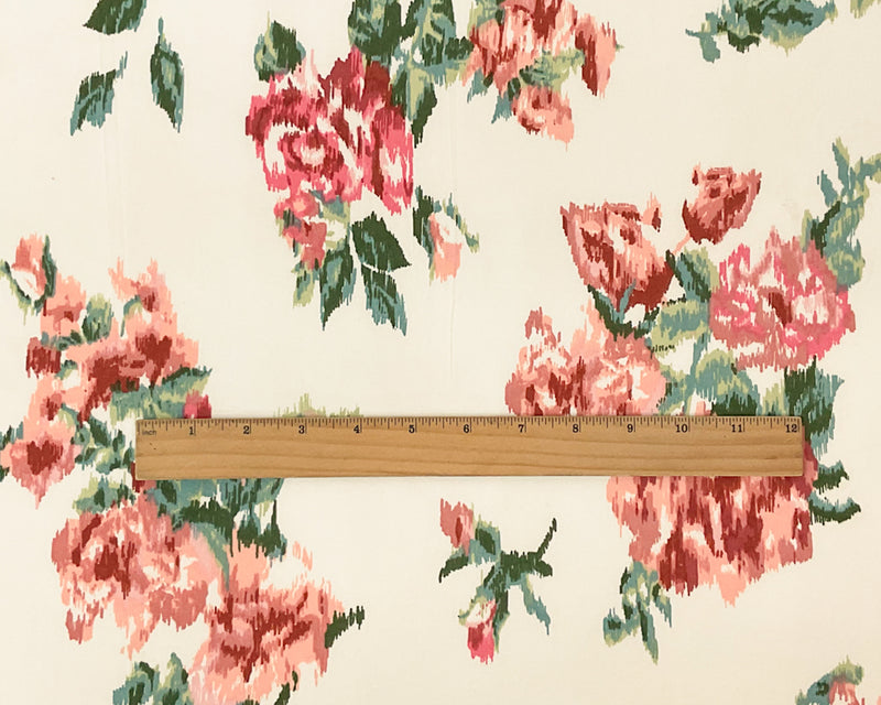 Coral-Multi Poly Stretch Floral Ikat Print DB Jersey Knit Fabric