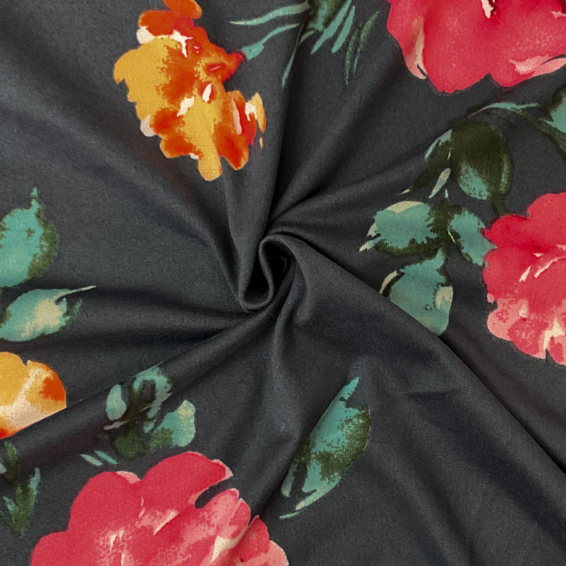 Dark Gray-Multi Poly Stretch Floral Print DB Jersey Knit Fabric